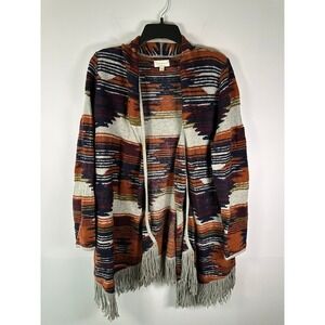 Lucky Brand Cardigan Womens L Fringe Open Front Aztec Boho Long Rust Navy Gray